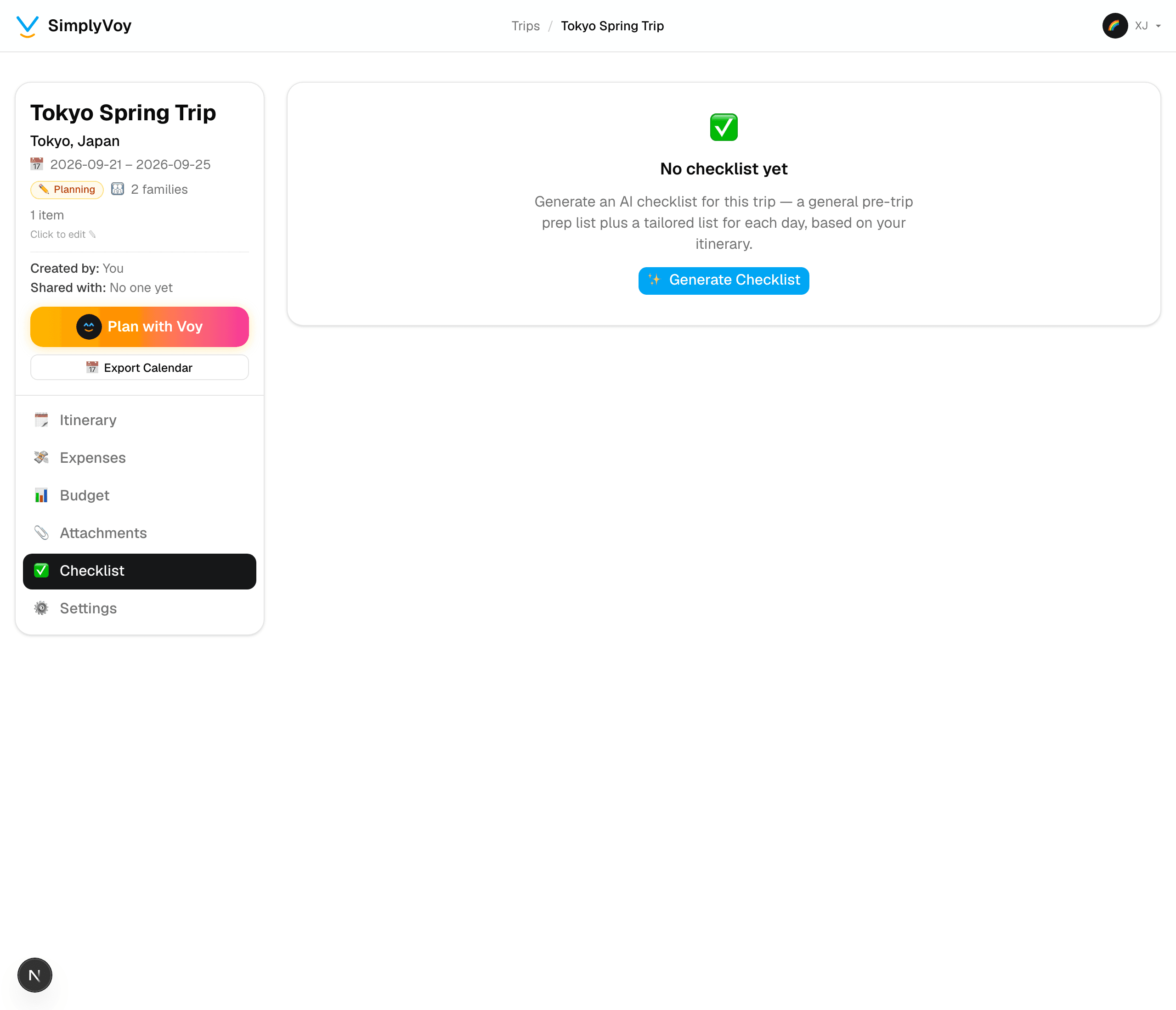 The empty Checklist tab with a Generate Checklist button