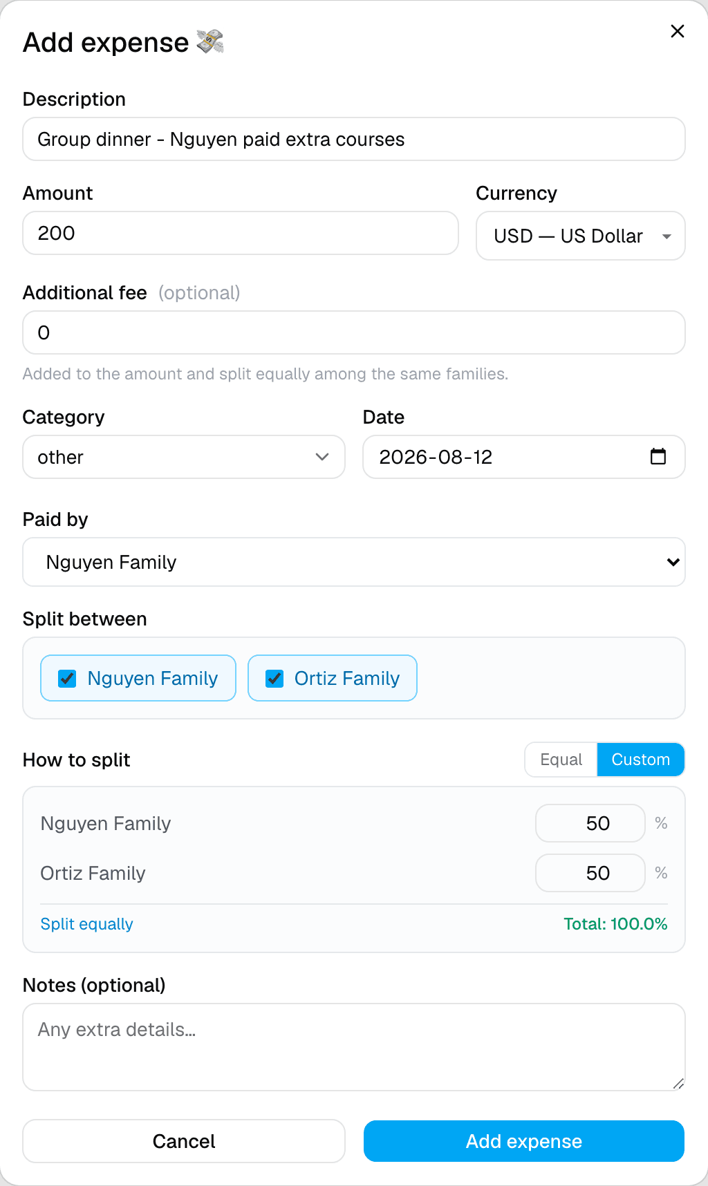 The How to split control showing Equal and Custom buttons, with Custom selected and both families defaulted to 50%
