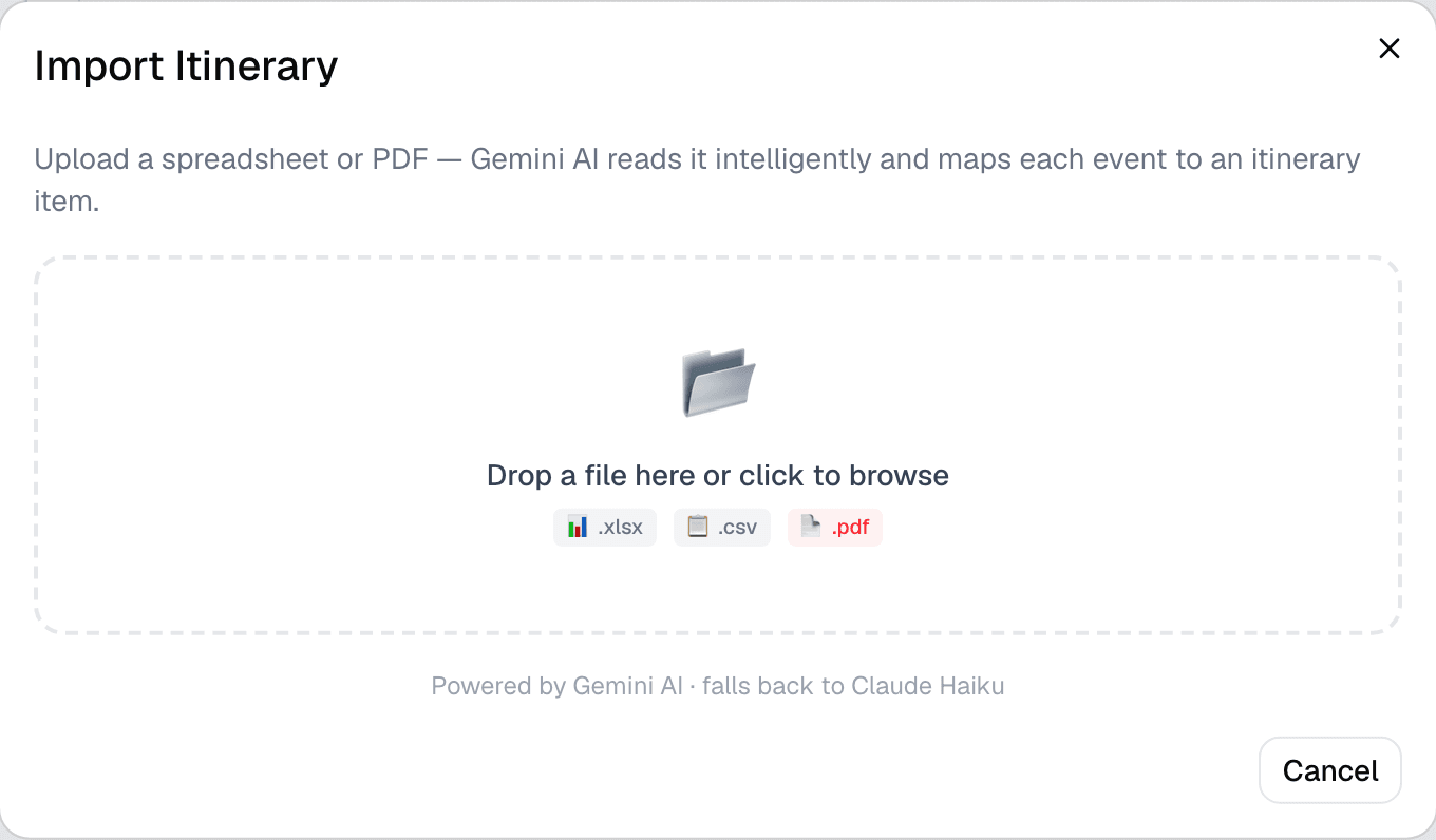 The Import Itinerary dialog with a drop zone for xlsx, csv, and pdf files