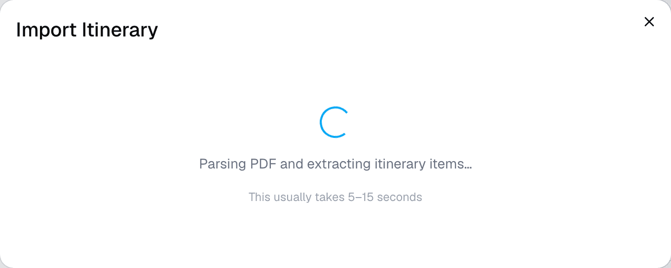 The Import Itinerary dialog showing a loading spinner and Parsing PDF and extracting itinerary items