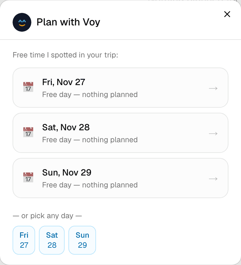 Plan with Voy showing a list of free days on the trip, each with an arrow to plan that day