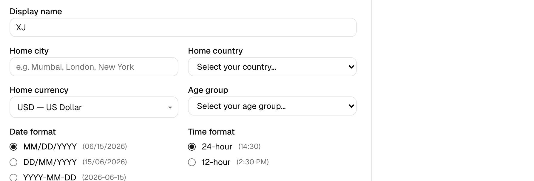 Profile fields for display name, home city, home country, home currency, age group, date format, and time format