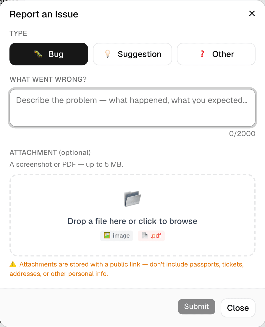 The Report an Issue dialog with Bug, Suggestion, and Other type options and a description field