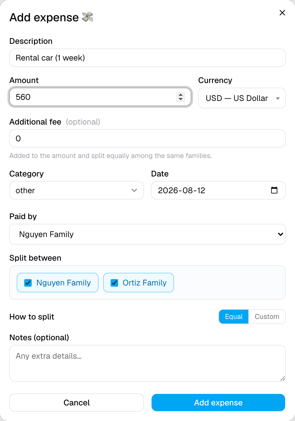 The Add expense dialog with Paid by set to Nguyen Family and both families checked under Split between