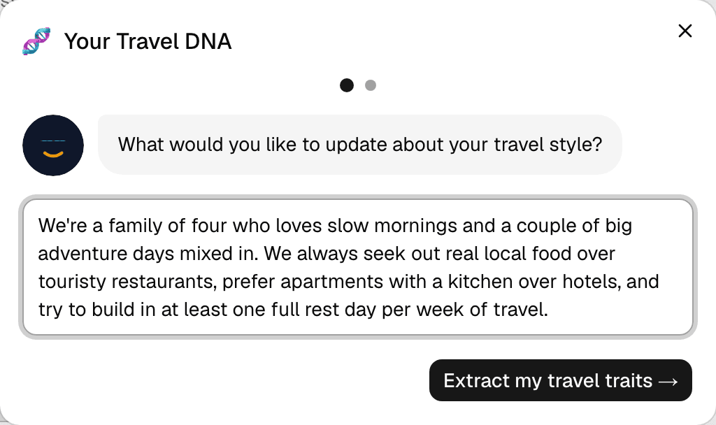 The Travel DNA dialog with a text box for describing your travel style in your own words