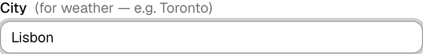 The City field in the Add Item dialog, filled in with Lisbon